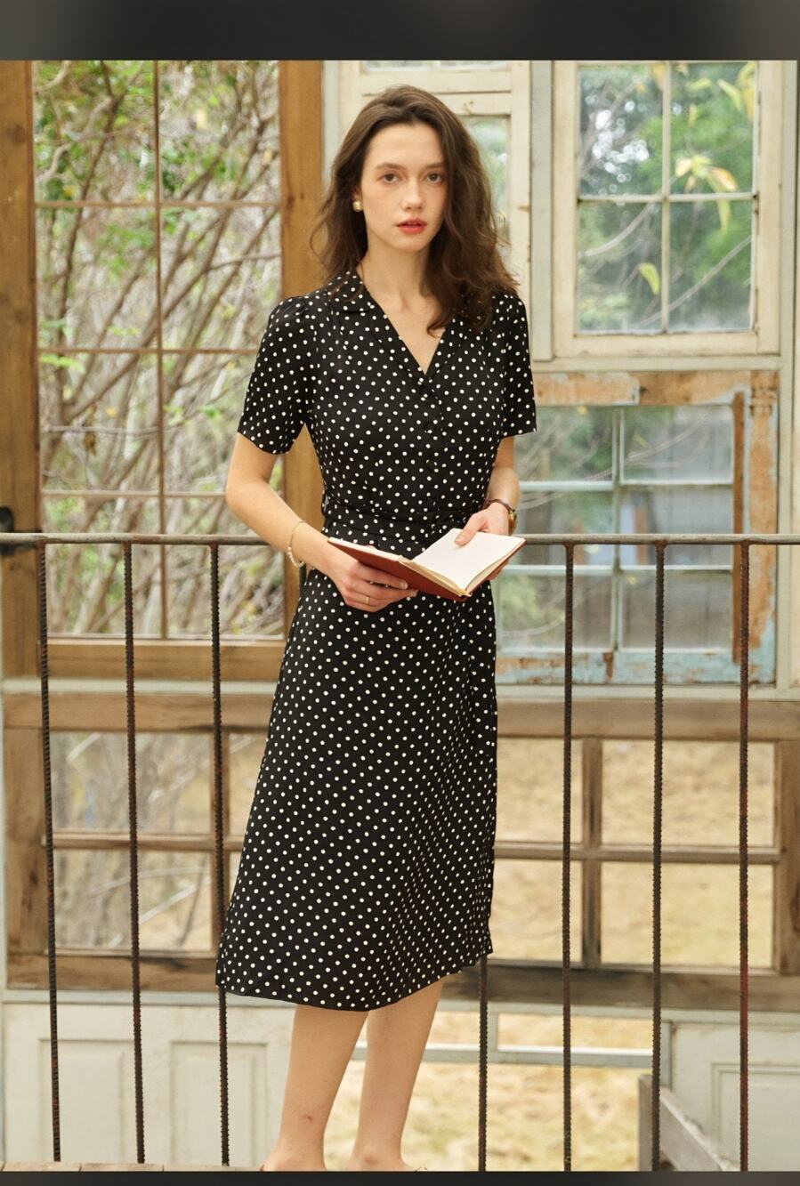Simple Retro Black/White Polka Dot Shirt Dress Button V-Neck Belted Midi L
